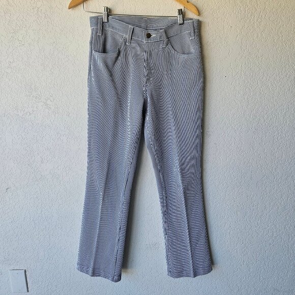 Vintage 60s 70s Levi's Big E StaPrest Flare Disco Blue Striped Pants Jeans 30x30 - Picture 1 of 8